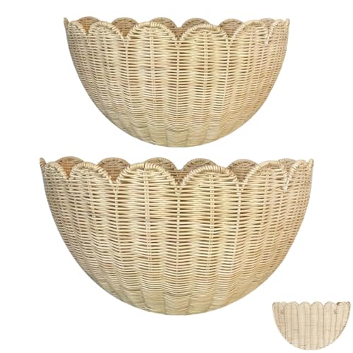 Scalloped Wall Basket Set of 2,Boho Hanging Wicker Wall Baskets | Handwoven Wall Baskets for Dtorage,16x10x7 & 14x8x6 Inch,Natural Rattan Wall Decor Organizer for Home,Nursery,Living Room