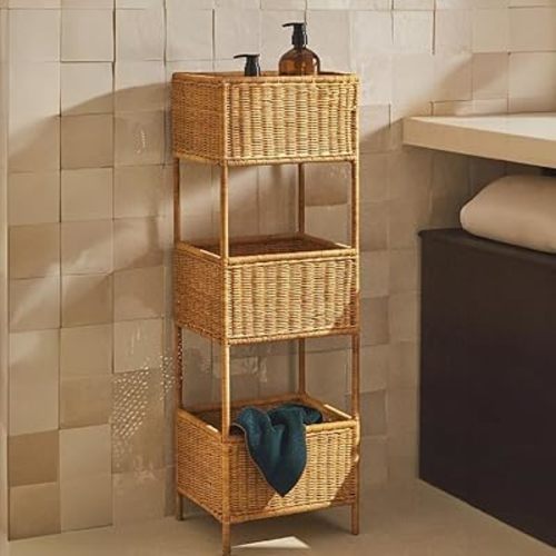 3 Tier Rattan Storage Rack, Hand-Woven Storage Shelves, Boho Basket Stand with Metal Frame, Rattan Corner Shelf for Living Room, Kitchen, Laundry, Bathroom