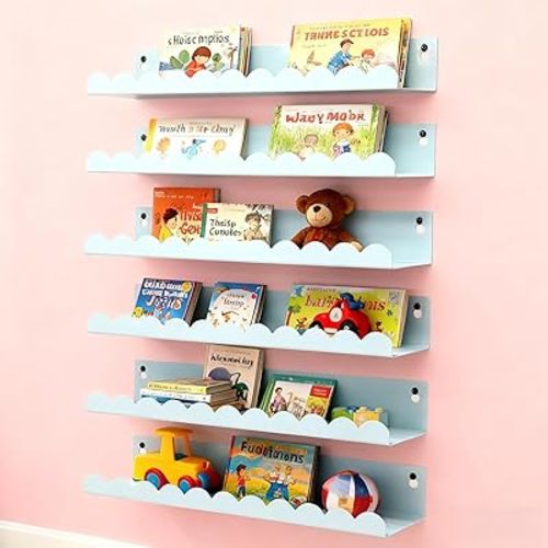 Nursery Book Shelves Set of 6, Blue Metal Floating Shelves for Wall, 16 Inch Scalloped Book Shelf for Kids Room, Bathroom, Bedroom, Playroom Wall Decor & Storage