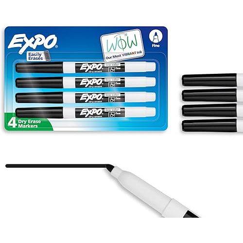 EXPO Dry Erase Markers, Low Odor Ink, Black, Fine Tip, 4 Count - Whiteboard, Calendar, Organization, Essential Supplies for Office, School, Classroom, Teachers