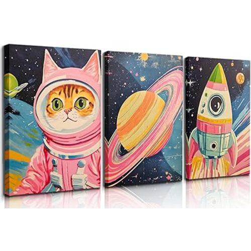 3Pcs Pink Astronaut Wall Art Space Cat Adventure Posters Prints Whimsical Out Space Painting Colorful Astronaut Cat Rocket Pictures Wall Decor for Girls Bedroom Playroom Nursery 12x16in Canvas