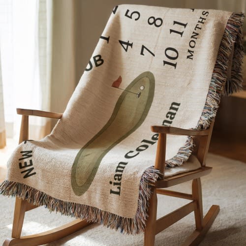 Personalized Golf Milestone Baby Blanket – “New to the Club” Custom Name Woven Nursery Photo Prop