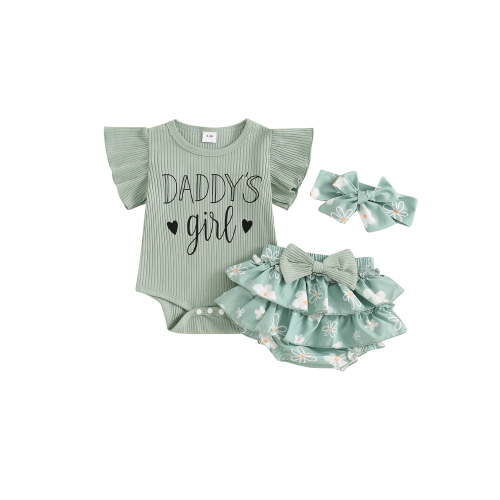 Nygoyerh Baby Girls Father's Day 3Pcs Outfits Fly Sleeve Letter Print Romper + Floral Print Shorts + Bow Headband 3M 6M 9M 12M 18M Newborn Infant Cute Summer Clothes Sets