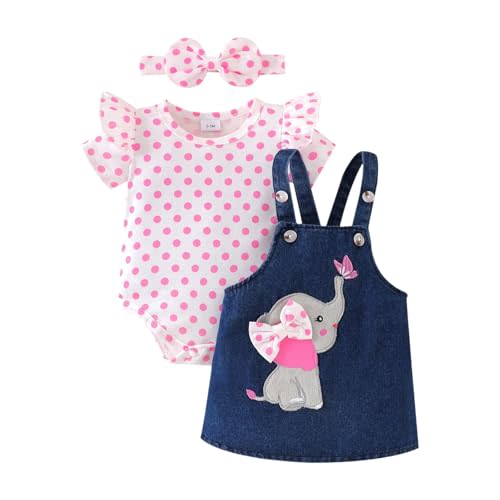 Baby Girl Clothes Newborn Ruffle Romper Elephant Jeans Skirt 0-18M | Soft Romper, Adjustable Jean Skirt with Headband Elephant Butterfly Design, Snap Closure, Everyday Wear