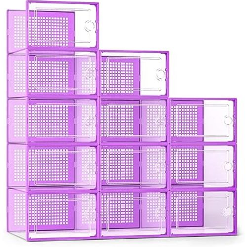 Kuject X-Large Shoe Storage Boxes Organizers Clear Plastic Stackable 12 Pack, Shoe Rack & Holder Substitute, Sneaker Containers, Toy Storage Organizer Bins for Entryway, Closet, Under Bed, Purple