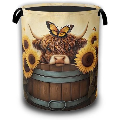 Highland Cow Laundry Hamper,Sunflower Butterflies Collapsible Laundry Baskets Waterproof Oxford Cloth With Handles,Clothes Storage Bucket Toy Organizer For Bathroom/Nursery/Bedroom 16" x 20.8"