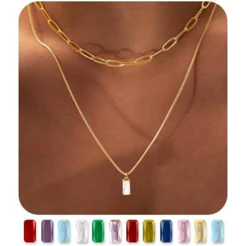 Dainty Gold Birthstone Necklaces for Women Non Tarnish, 14K Trendy Blue Green Cubic Zirconia Emerald Pendant Charm Gold Necklaces Birthday Gifts for Women Waterproof Jewelry