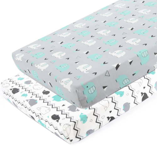 Pack n Play Stretchy Fitted Pack n Play Playard Sheet Set-Brolex 2 Pack Portable Mini Crib Sheets, Convertible Playard Mattress Cover, Ultra Soft MaterialElephant & Whale grey teal animal