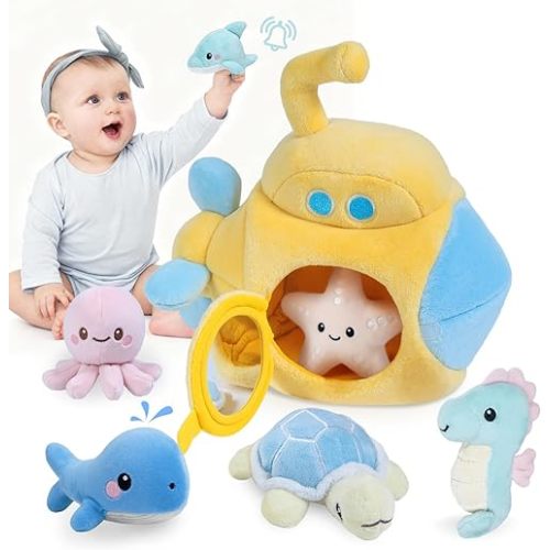 Submarine & Ocean Animals Baby Toys 6-12 Month, Sensory Toy Set with Whale, Dolphin, Starfish, Octopus, Turtle, Seahorse, Soft Montessori Toys for Infants 0-3