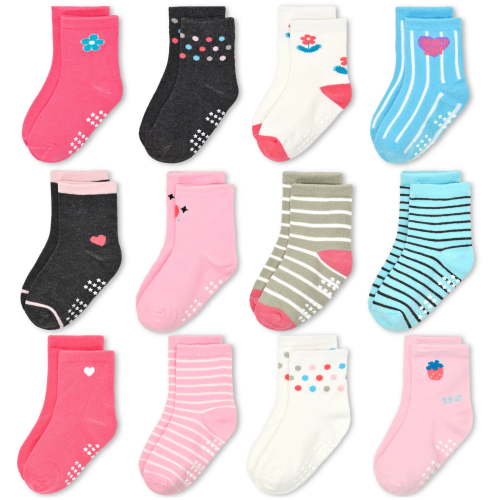 Toddler Girls Socks, 12 Pack Non Slip Breathable Crew Socks with Grips for 0-7 Years Kids