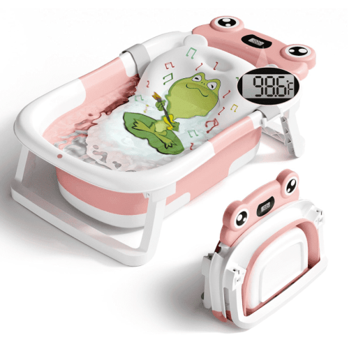 stusgo, Baby Bathtub, Collapsible Pink Frog with Thermometer