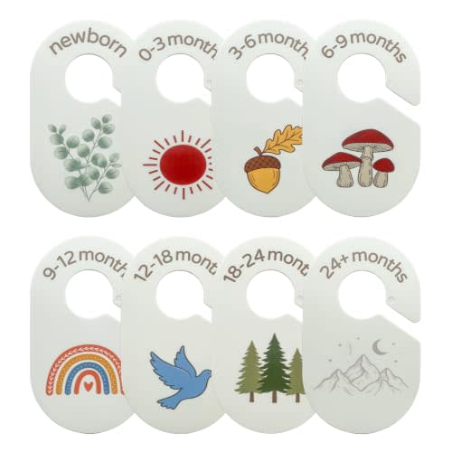 8 Pcs Baby Closet Dividers, Double-Sided Dividers for 0-24 Months (Boho) | Durable dividers easily fit most standard closet rods. Clear NB-24M labels make sorting and finding baby clothes a breeze.