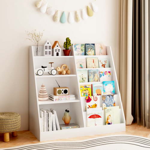 New Kids Bookshelf and Toy Storage Organizer 4 Tier White Wooden Bookcase Display Stand for Playroom Kids Room Nursery