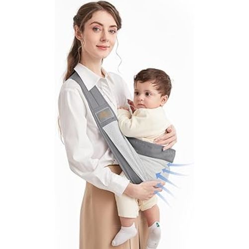 Baby Sling Carrier, Cotton and 3D Breathable Mesh, Ergonomically Adjustable Baby Carrier Newborn to Toddler with Safety Buckle, Portable, One Size Fits All, Up to 33 lbs, Light Grey