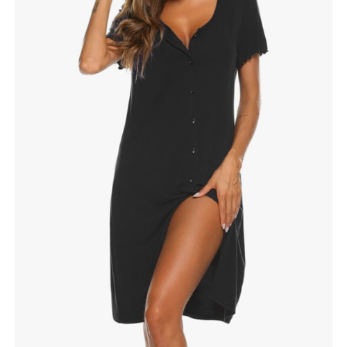 Ekouaer Women's Nightshirt Short Sleeve Button Down Nightgown V-Neck Sleepwear Pajama Dress