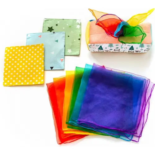 Baby Tissue Box Toy - Montessori Play for Infants and Toddlers - Sensory Textured Box with 12pcs Matching Colorful Scarves and 3pcs Crinkle Paper