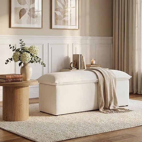 Modern Storage Bench, Upholstered Storage Ottoman Linen Fabric with Seating Entryway Bench for Bedroom Living Room, Beige