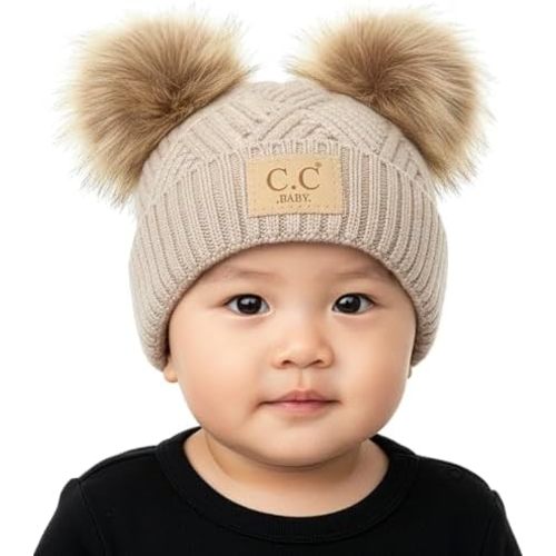 Funky Junque Double Pom Pom Baby Beanie – Newborn Girl Winter Hat 0–12 Months, Cute Cozy Knit Infant Beanies for Cold Weather