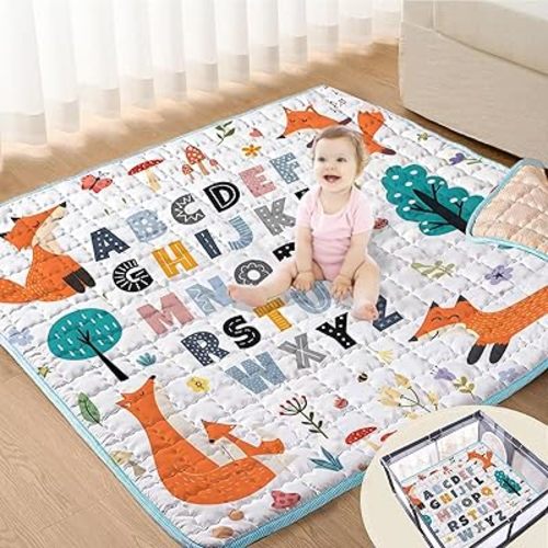 Baby Play Mats for Floor, 50x50 Playpen Mat Thick Soft Crawling Mat Non-Slip Cushioned Fox Playmats for Baby Toddlers Infants Activity & Tummy Time, Foldable & Machine Washable Playmat (Fox,50x50)