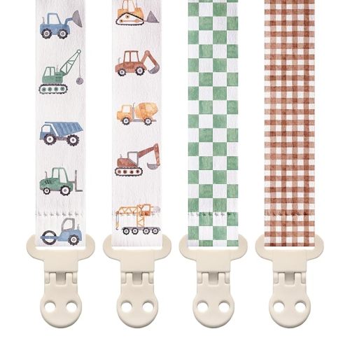 Stadela Baby Fabric Pacifier Clip Holder, Plastic Clip, 4‑Pack, Construction Pattern, Otto Set