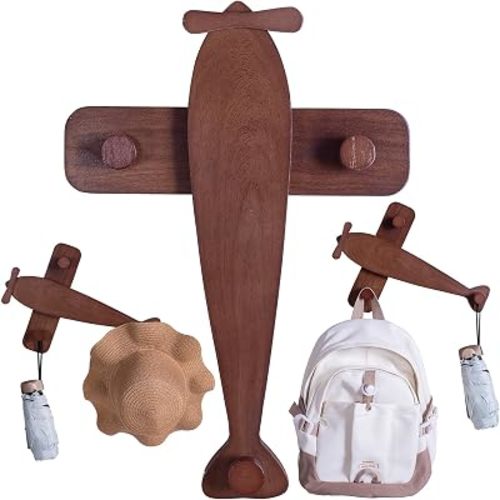 Wooden Coat Rack Wall Mount, Airplane Wall Hooks for Kids, Nursery Coat Rack for Bedroom,Entryway,Nursery, Boys Room, Vintage Aviation Office Decor