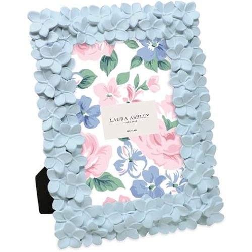 Laura Ashley 4x6 Powder Blue Flower Textured Hand-Crafted Resin Picture Frame w/Easel & Hook for Tabletop & Wall Display, Decorative Floral Design Home Décor, Photo Gallery, Art (4x6, Powder Blue)