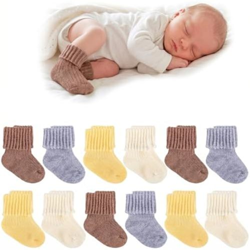 12 Pairs Baby Wool Socks Soft Winter Warm Turn Cuff Wool Sock for Preemie Premature Newborn Boys Girls Hospital Nicu
