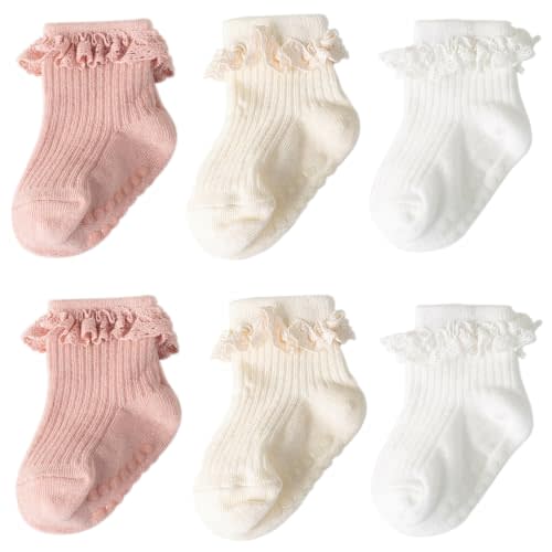 DRESHOW BQUBO Baby Girls Toddler Girls Anti Slip Socks Cute Frilly Ruffle Socks Grip Ankle Baby Socks for Infant Toddler