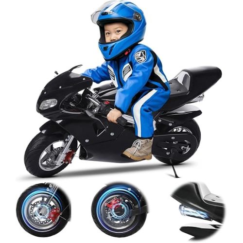 Gas Motorcycle for Kids, 50CC Kids Dirt Bike, Powerful 2-Stroke Pocket Bike, Pocket Gas Motorbike with 1.25L Tank, Mini Motorcycles with Dual Headlights Brakes & Rubber Handlebar Road-Racing