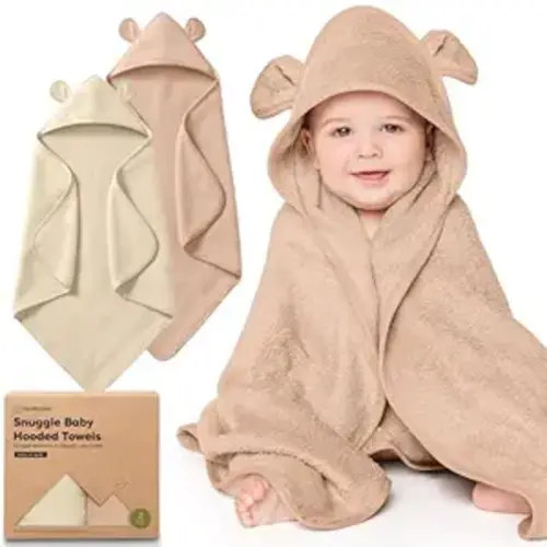 KeaBabies 2-Pack Hooded Baby Towels for Newborn - 30x30 Soft & Absorbent Viscose from Bamboo Baby Bath Towels with Hood for Infant, Toddler,Kids,Boys Girls,Newborn Bath Essentials (Almond, Petite)