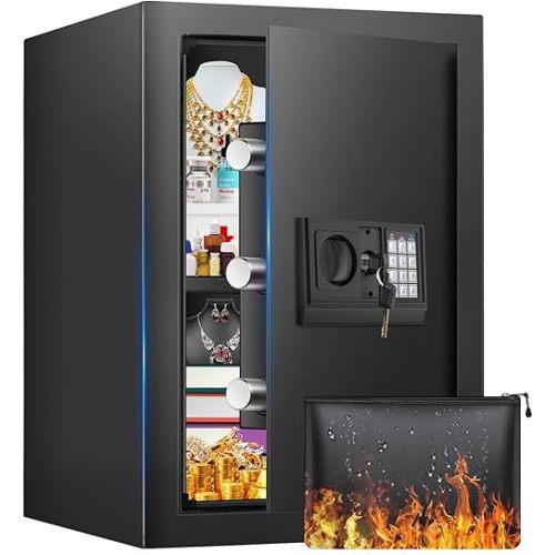 2.5 Cuft Fireproof Safe Box, Home Safe with Fireproof Waterproof Bag, Anti-Theft Digital Security Safe Box with Smart Alert System, Removable Shelf, Mute Function, Personal Safe Box for Money Jewelry