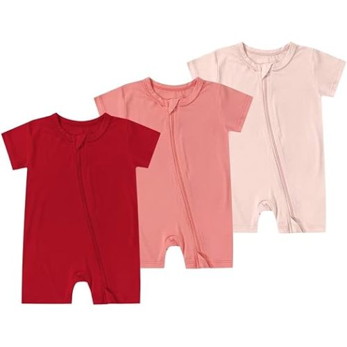 Teach Leanbh Unisex Baby 3 Pack Bamboo Viscose Pajamas 2 Way Zipper Short Sleeve Romper Jumpsuit Sleep and Play