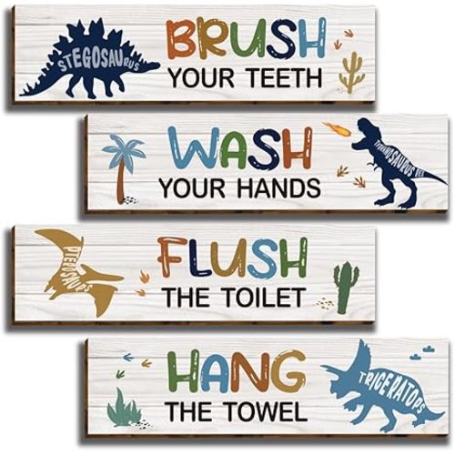 HIWERAN 4 Pcs Watercolor Dinosaur Bathroom Decor, Inspirational Dinosaur Wall Art for Boys Kids, (11.8”X3”), Toddler Bathroom Decor, Works of art Made of Wood, Works of Art of Wood, Placards of Woods