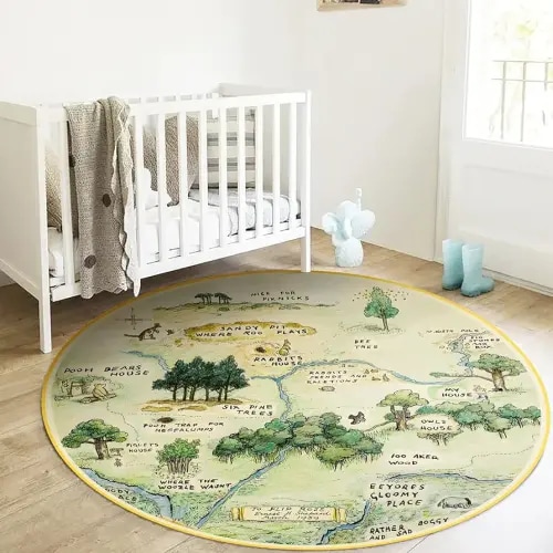 Estmy 4ft Cute Woodland Nursery Rugs for Girls Boys Neutral Non Slip Washable, Thin Pile Soft Cartoon Fun Map Round Kids Playroom Rug, Vintage Whimsical Retro Area Rugs Circle Carpet for Kids Bedroom