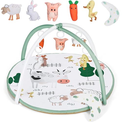 Baby Play Gym Mat, Tummy Time Activity Mat with 5 Detachable Toys and Pillow for Newborn Stage-Based Sensory and Motor Skill Development, Infant Play Mat for Babies to Toddlers - Farm Animals