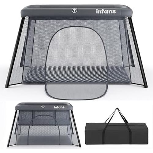 INFANS Travel Crib, Portable Baby Playpen with Removable Bassinet Soft Mattress Carry Bag, Foldable Lightweight Playard Nursery Center for Newborns Toddlers (Dark Gray)