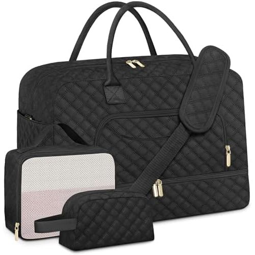 Travel Duffle Bag, Weekender Bags for Women with Shoe Compartment & Wet Toiletry Pocket , Carry on Overnight Hospital Bag for Woman Labor Delivery, Gym, Trip, Ideal Christmas Gift for Women Black