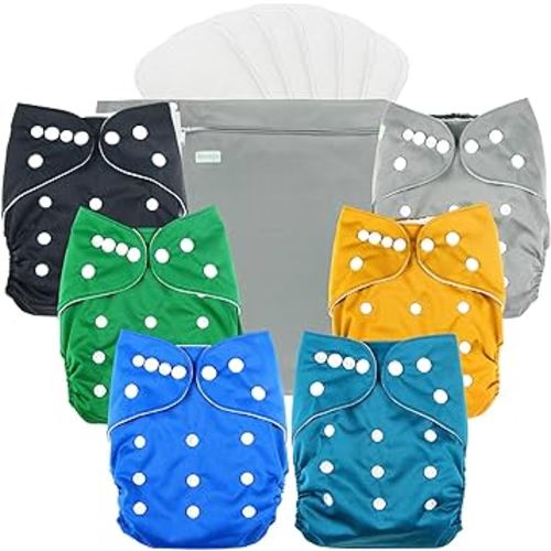 wegreeco Cloth Diapers 6 Pack with 6 Inserts & 1 Wet Bag, Washable Cloth Diapers for Babies, One Size Adjustable Reusable (Boy Prints 02)