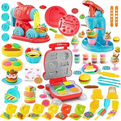 3-in-1 Color Dough Sets for Kids Ages 4-8, Ice Cream Hamburger Noodle Maker Toy for Kids 3-12, Arts &Crafts Gift for Toddler, Christmas Birthday Gifts for Boys Girls (12 Color Dough)