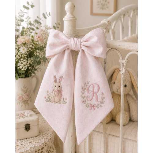 Personalized Baby Crib Bow, Embroidered Nursery Bed Bow, Custom Baby Girl Boy Nursery Decor, Bunny Teddy Bear Monogram Bow, Baby Shower Gift