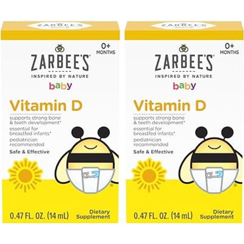 Zarbee's Vitamin D Drops for Infants, 400IU (10mcg) Baby & Toddler Liquid Supplement, Newborn & Up, Dropper Syringe Included, Pack of 2 0.47 Fl Oz Bottles