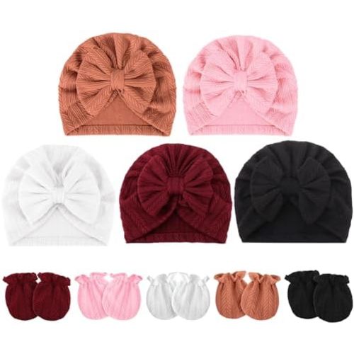 BQUBO Baby Turban Hats and Mittens Set Newborn Infant Hospital Hats Caps with Bows for Baby Boys Girls 0-12 Months
