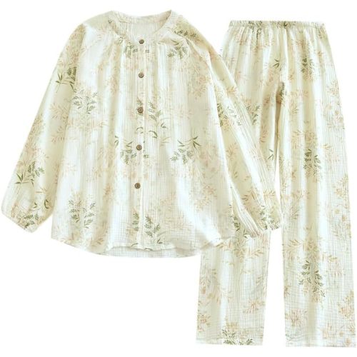 Womens Cotton Gauze Pajama Sets Muslin Pj Set Crew Neck Button Down Sleepwear 2 Piece Lounge Set