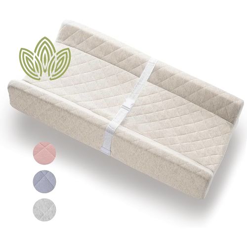 Organic Cotton Contoured Baby Changing Pad w/Waterproof Foam Mattress, Includes Soft, Removable & Washable Cover, Safety Strap, Non-Slip Bottom, Topper for Standard Size Infant Diaper Table & Dresser