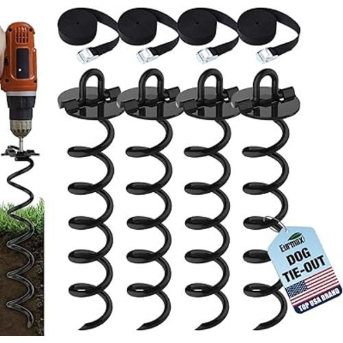Eurmax USA 4-Pc Pack Spiral Stakes Heavy Duty Anchor Kit Ice Screw Anchor for Trampoline, Tents, tarps, Canopies,car Ports,Dog tie Out and etc Bonus Tie Down Straps 4-Pc Pack (Black)