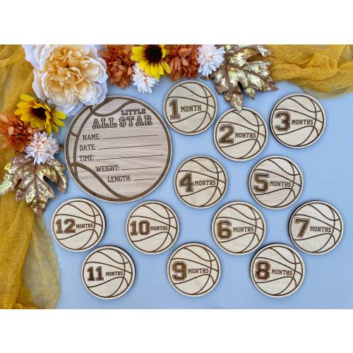 Basketball Theme Birth Stats Sign & Milestone Markers, Baby Shower Gift