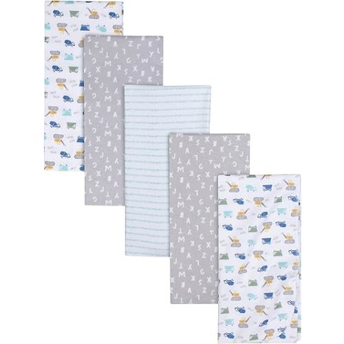 Gerber Boys Newborn Infant Baby Toddler Nursery 100% Cotton Flannel Receiving Swaddle Blanket, Trucks White, 5-Pack