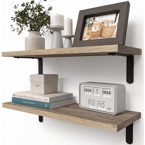 RICHER HOUSE Rustic Wood Shelves Set of 2, Farmhouse Style Floating Shelf for Wall Décor, Hanging Shelves for Bathroom, Bedroom, Storage, Kitchen, Living Room - Carbonized Black