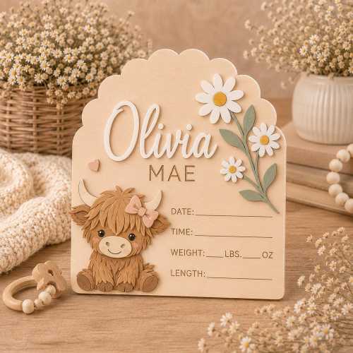 Personalized Highland Cow Birth Announcement Sign, Custom Baby Name Plaque, Newborn Stats Board, Daisy Nursery Decor Gift