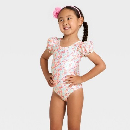 Toddler Girls' Puff Sleeve Ditsy Floral One Piece Swimsuit - Cat & Jack™ Cream 12M